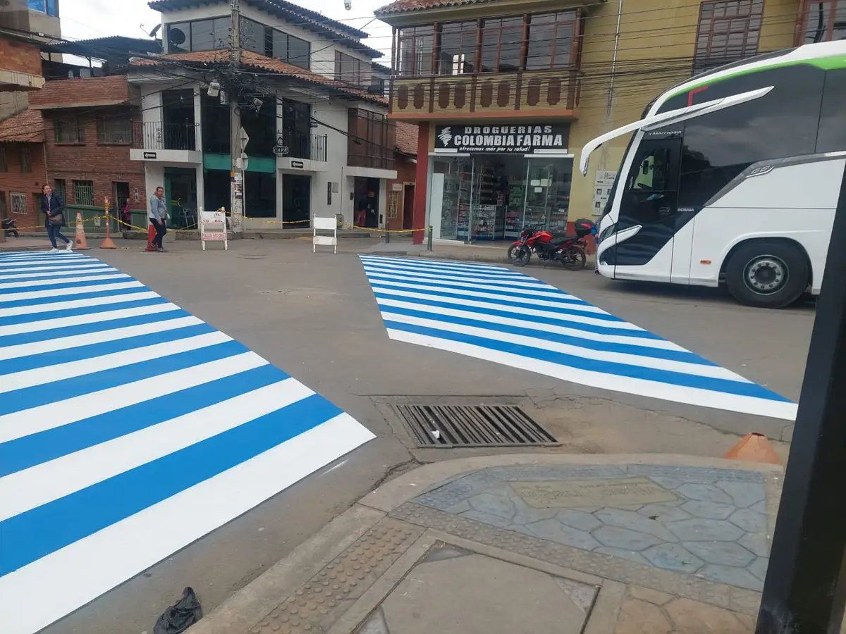 Cruce peatonal demarcado en azul y blanco sobre una vía urbana