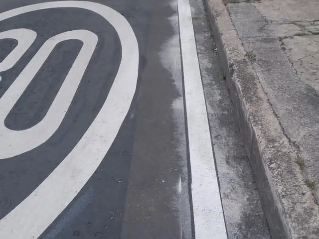 Símbolo de ciclorruta pintado sobre el pavimento junto al sardinel